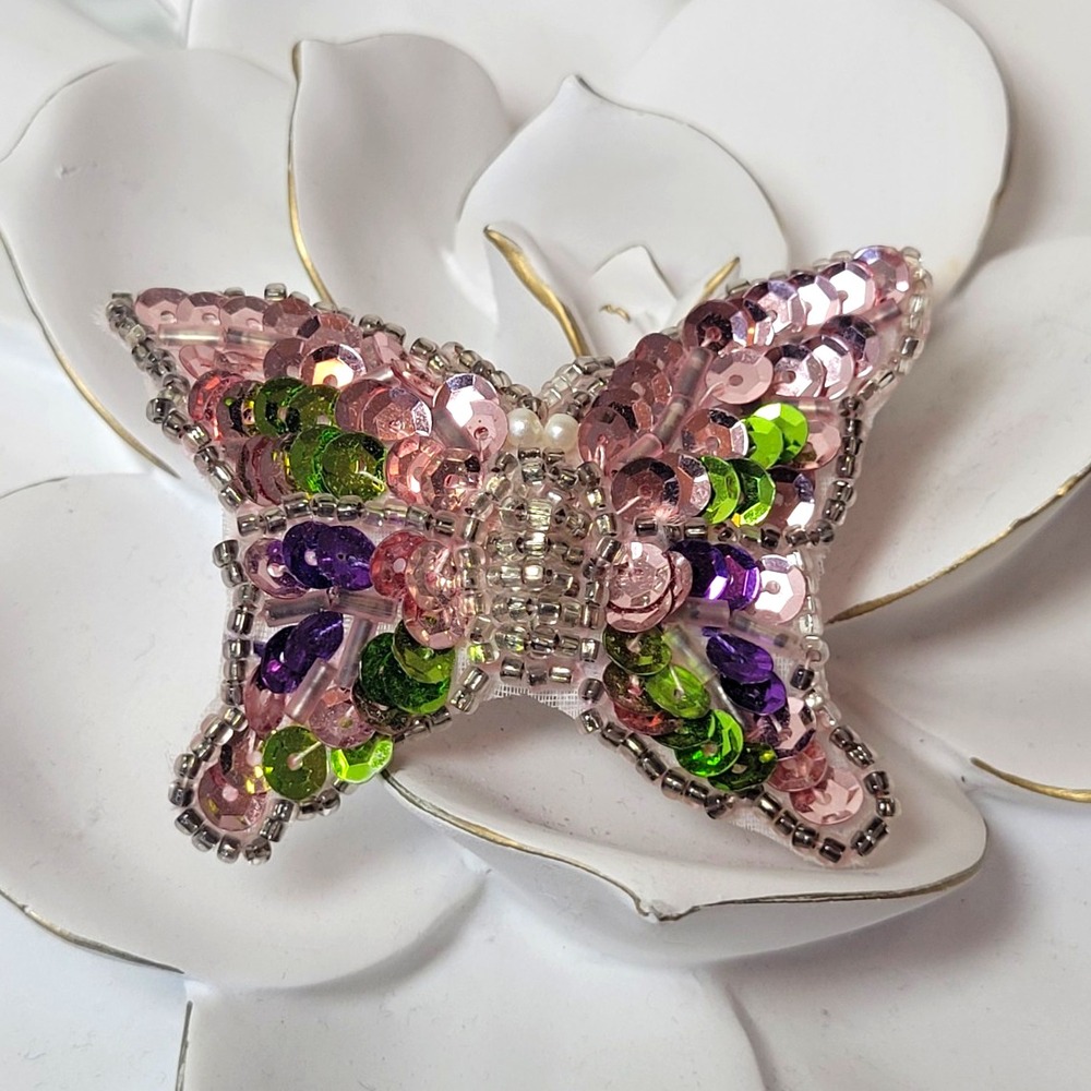 Vintage Butterfly Brooch Pin 2 in Sequins & Beads Pink Green Purple Silver